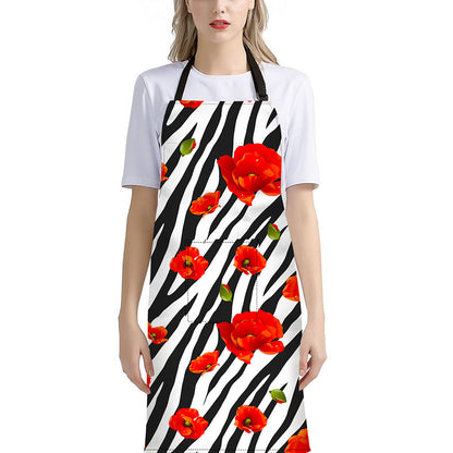 Black White Zebra Flower Pattern Print Bib Apron With Pocket