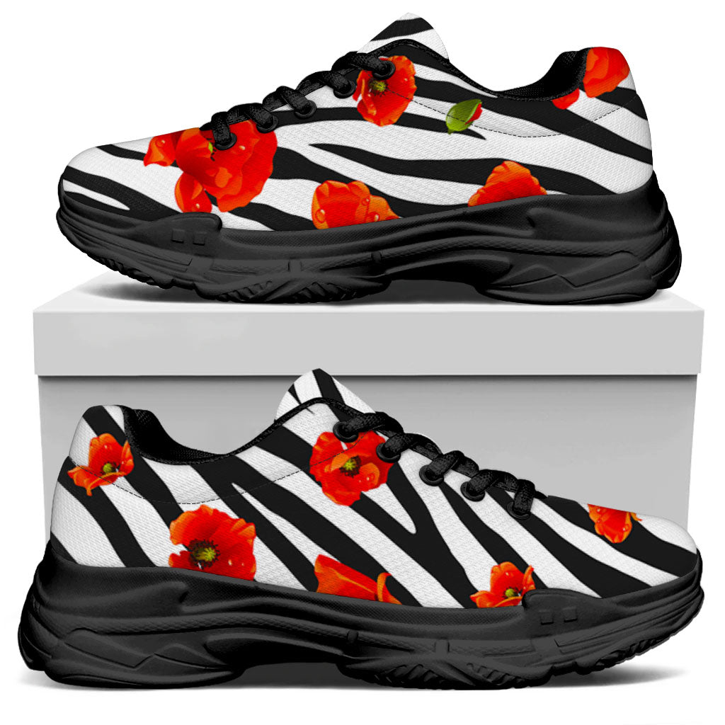 Black White Zebra Flower Pattern Print Black Chunky Shoes