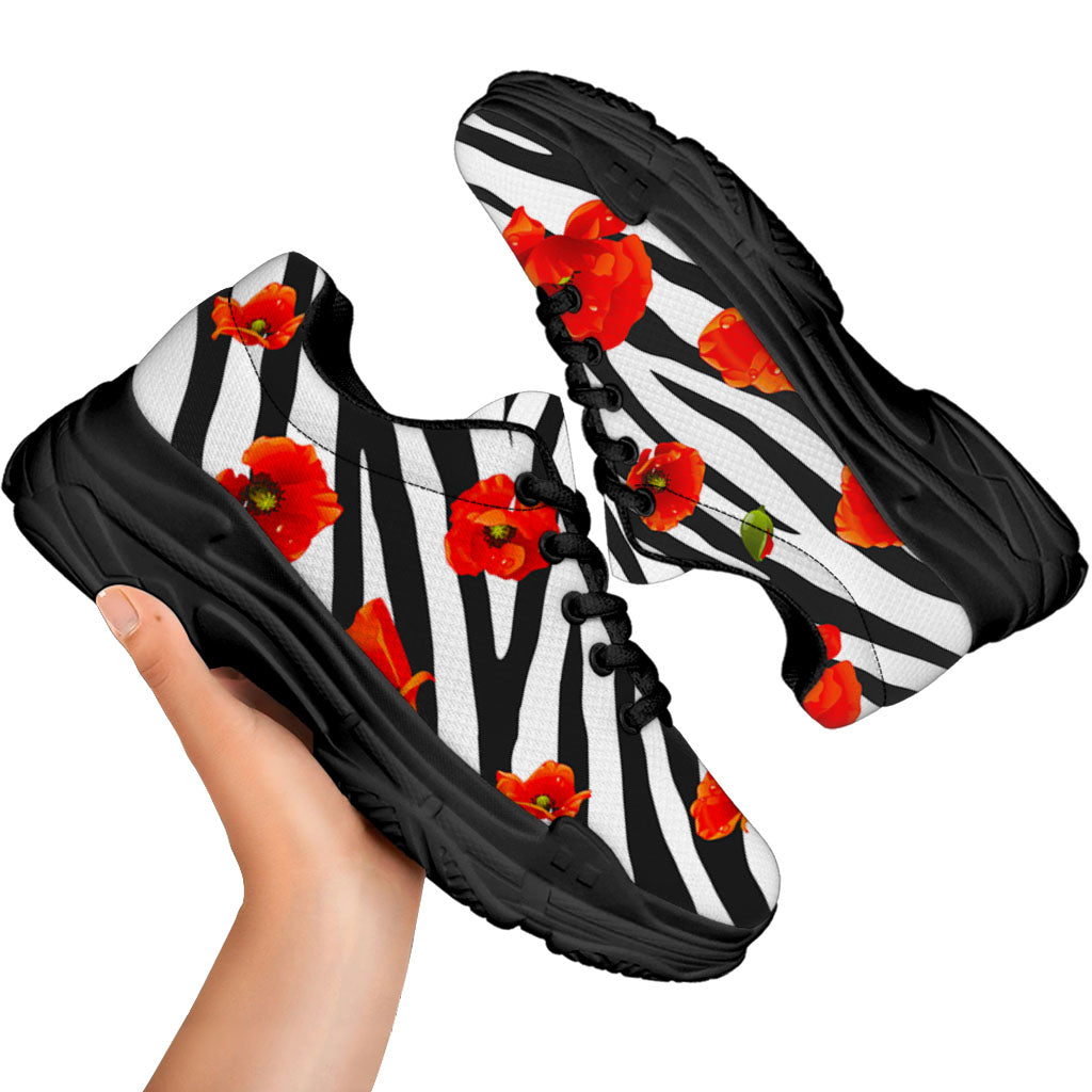 Black White Zebra Flower Pattern Print Black Chunky Shoes