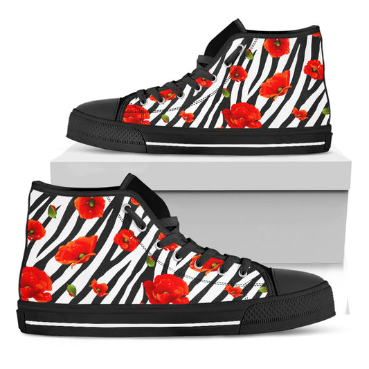 Black White Zebra Flower Pattern Print Black High Top Sneakers