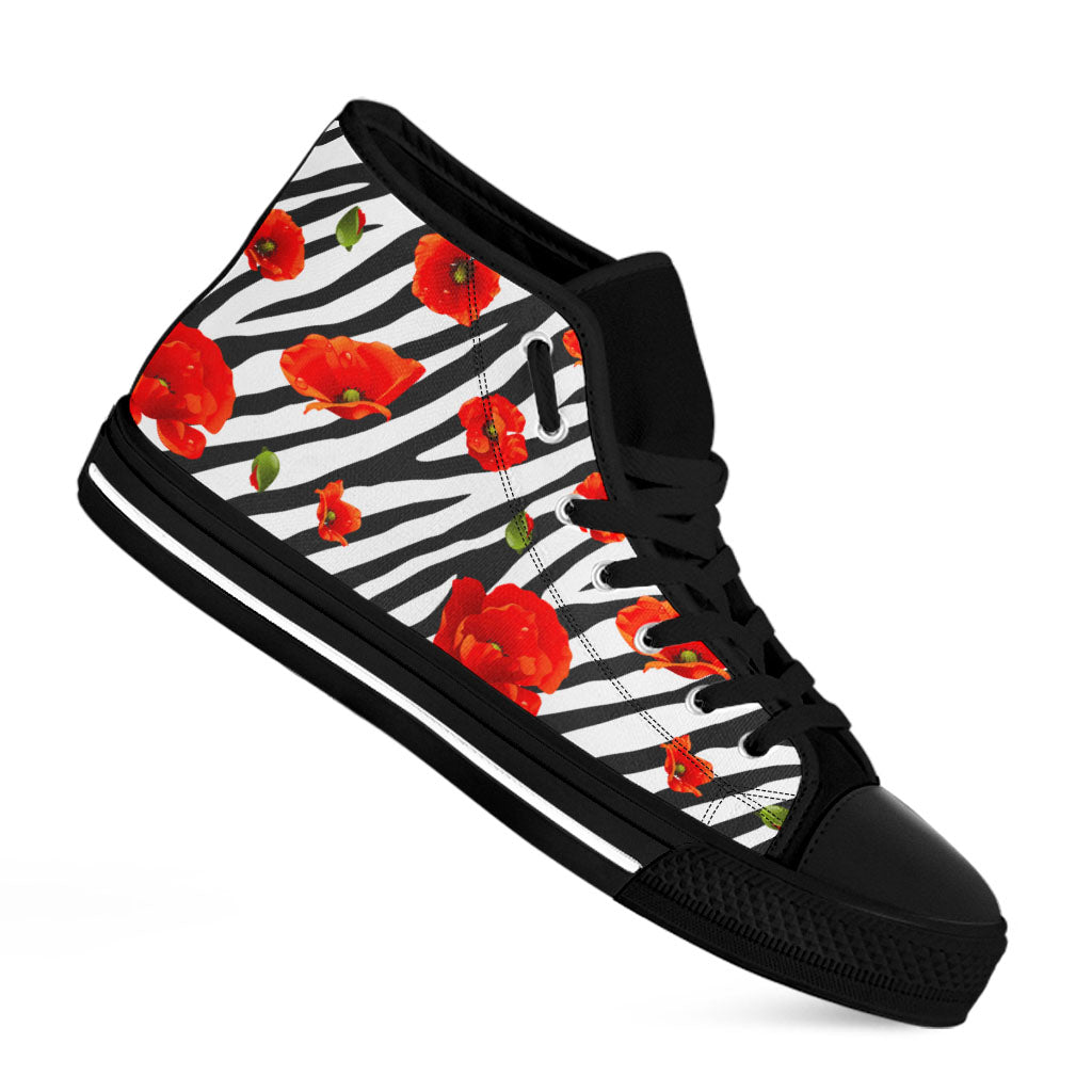 Black White Zebra Flower Pattern Print Black High Top Sneakers