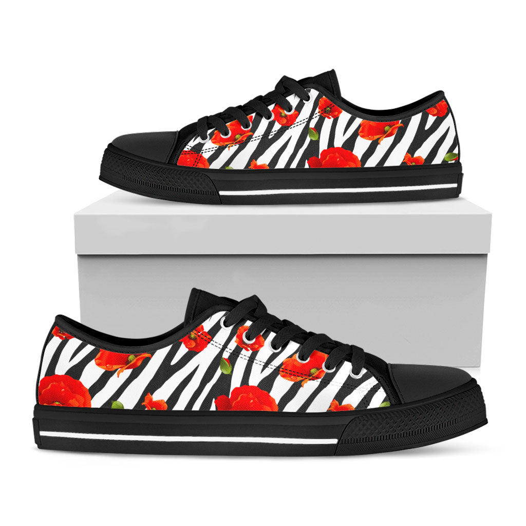 Black White Zebra Flower Pattern Print Black Low Top Sneakers