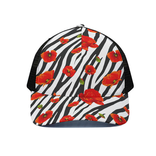 Black White Zebra Flower Pattern Print Black Mesh Trucker Cap