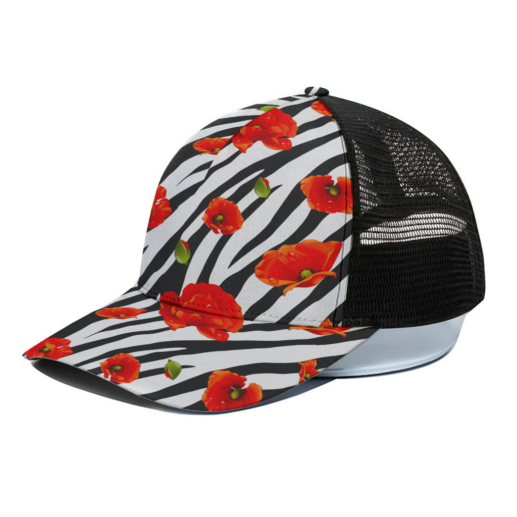 Black White Zebra Flower Pattern Print Black Mesh Trucker Cap