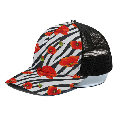Black White Zebra Flower Pattern Print Black Mesh Trucker Cap