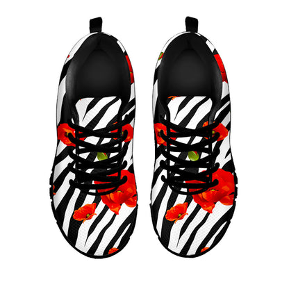 Black White Zebra Flower Pattern Print Black Running Shoes
