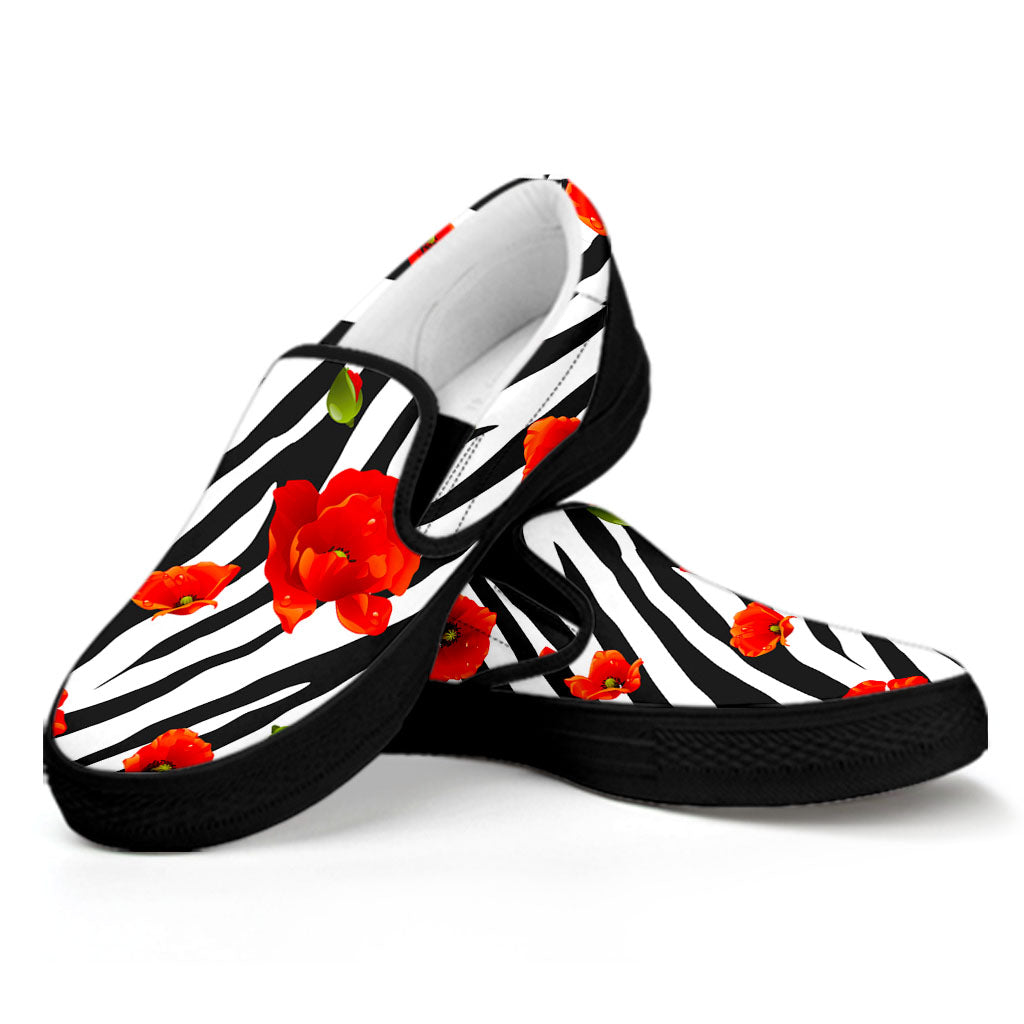 Black White Zebra Flower Pattern Print Black Slip On Sneakers