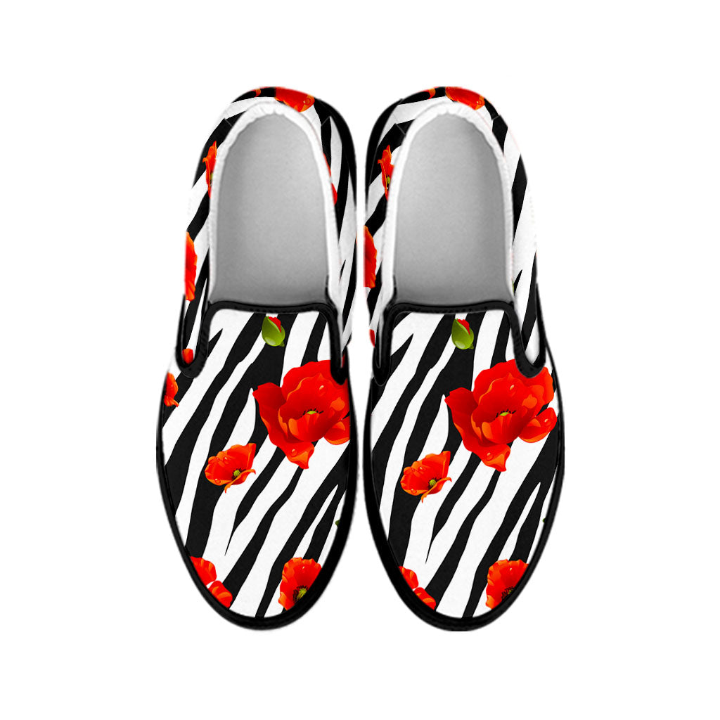 Black White Zebra Flower Pattern Print Black Slip On Sneakers