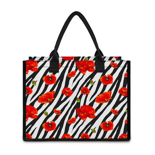 Black White Zebra Flower Pattern Print Canvas Tote Bag