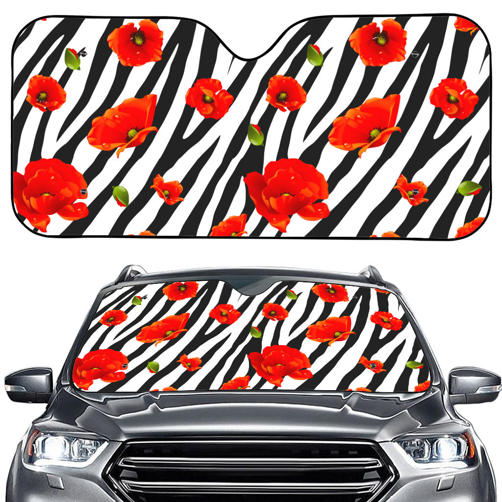 Black White Zebra Flower Pattern Print Car Windshield Sun Shade