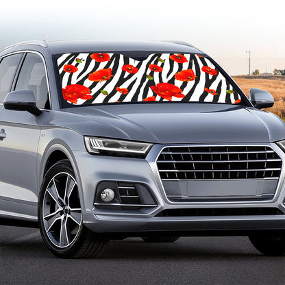 Black White Zebra Flower Pattern Print Car Windshield Sun Shade