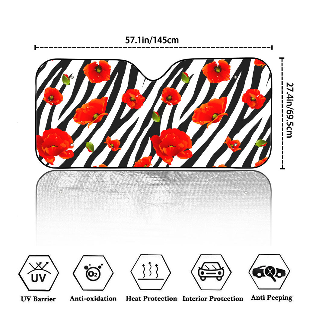 Black White Zebra Flower Pattern Print Car Windshield Sun Shade