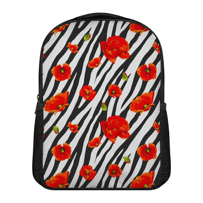Black White Zebra Flower Pattern Print Casual Backpack