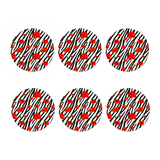 Black White Zebra Flower Pattern Print Coaster Set