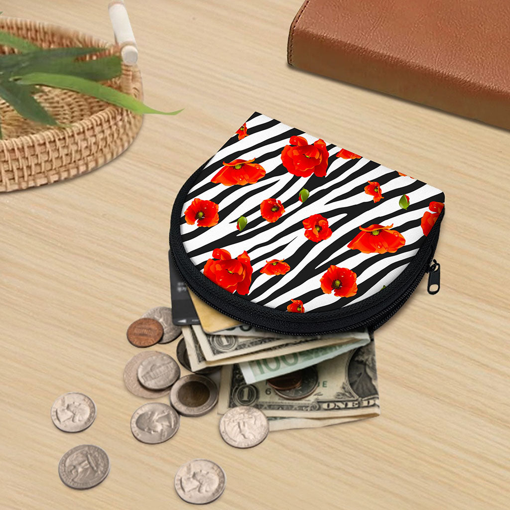 Black White Zebra Flower Pattern Print Coin Purse
