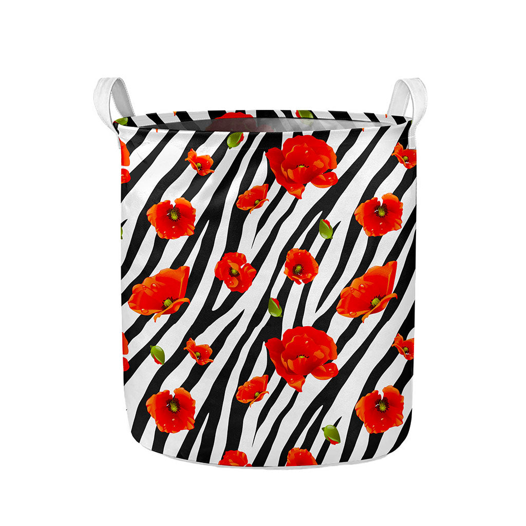 Black White Zebra Flower Pattern Print Collapsible Laundry Basket