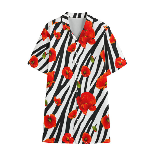 Black White Zebra Flower Pattern Print Cotton Hawaiian Shirt