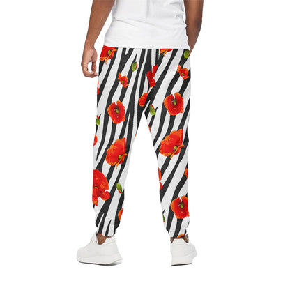 Black White Zebra Flower Pattern Print Cotton Pants