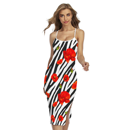 Black White Zebra Flower Pattern Print Cross Back Cami Dress