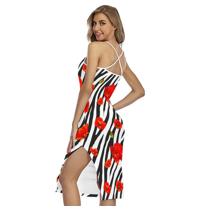 Black White Zebra Flower Pattern Print Cross Back Cami Dress