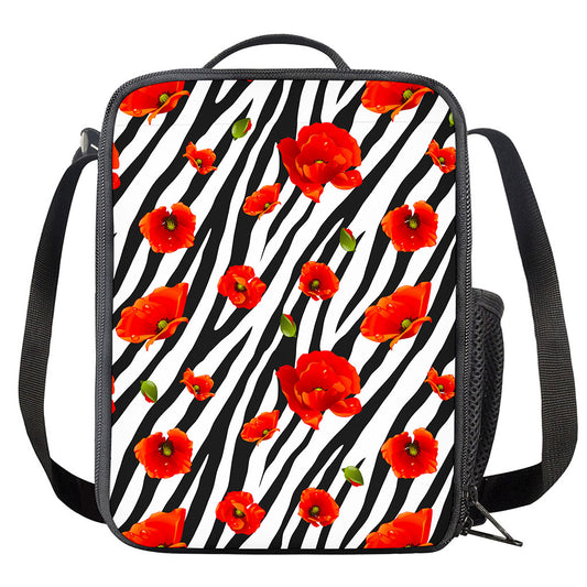 Black White Zebra Flower Pattern Print Crossbody Lunch Bag