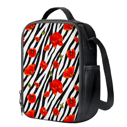 Black White Zebra Flower Pattern Print Crossbody Lunch Bag