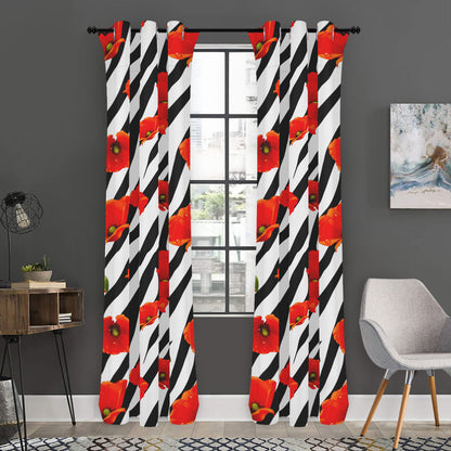Black White Zebra Flower Pattern Print Curtain