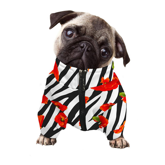 Black White Zebra Flower Pattern Print Dog Zip Up Jacket