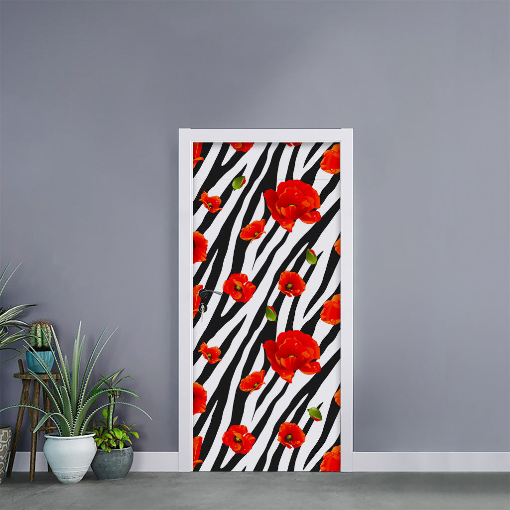 Black White Zebra Flower Pattern Print Door Sticker