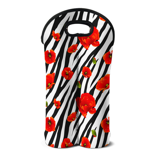 Black White Zebra Flower Pattern Print Double Neoprene Wine Tote
