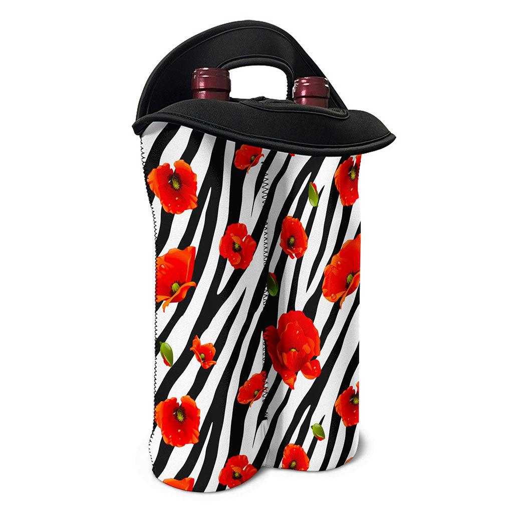 Black White Zebra Flower Pattern Print Double Neoprene Wine Tote