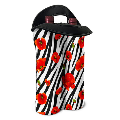 Black White Zebra Flower Pattern Print Double Neoprene Wine Tote