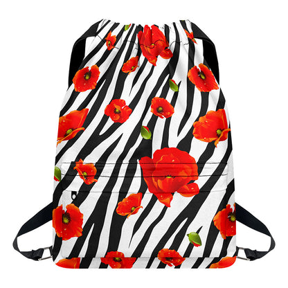 Black White Zebra Flower Pattern Print Drawstring Backpack