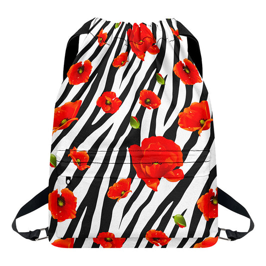 Black White Zebra Flower Pattern Print Drawstring Backpack