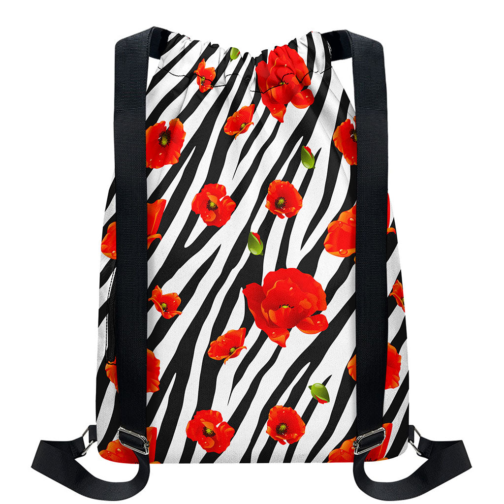 Black White Zebra Flower Pattern Print Drawstring Backpack