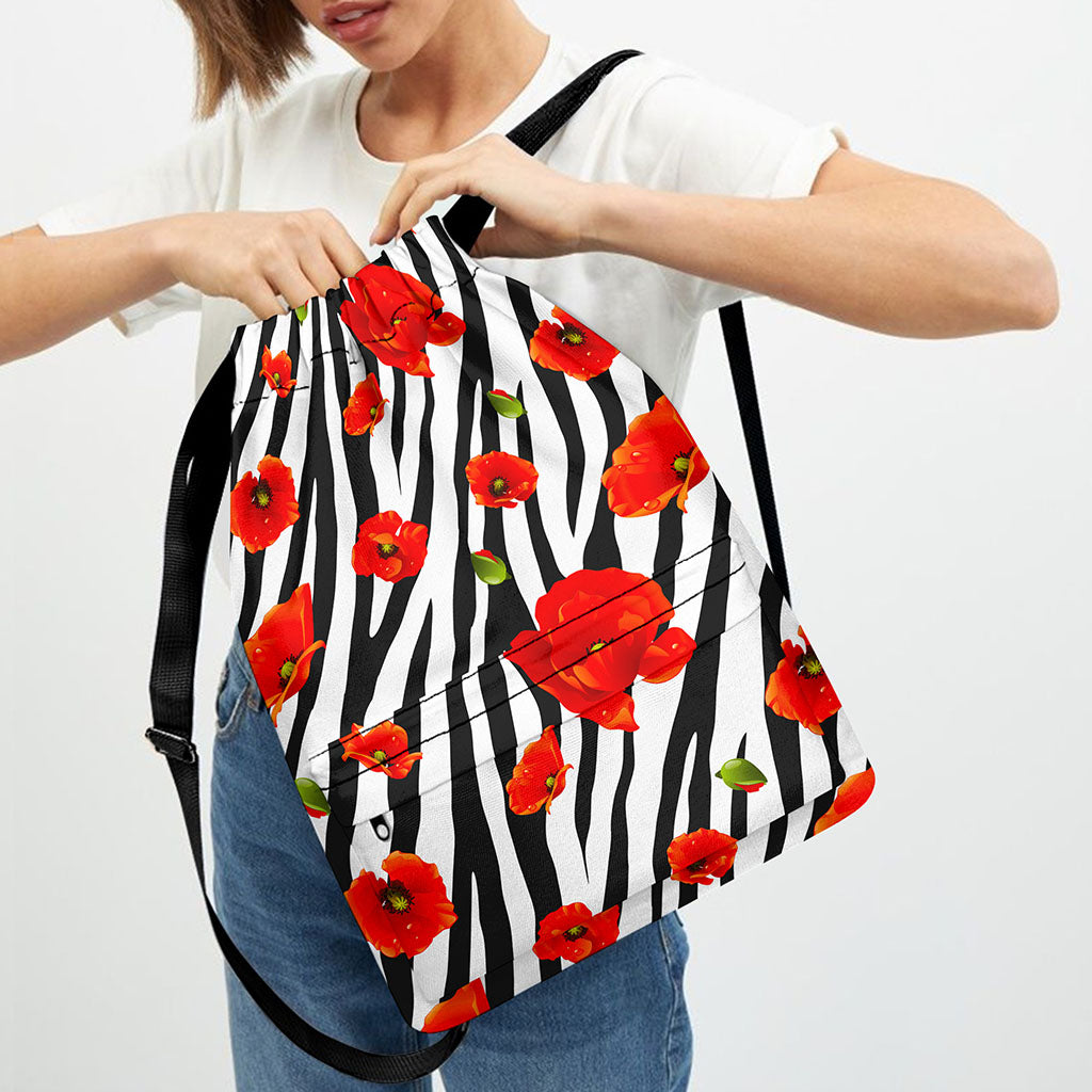 Black White Zebra Flower Pattern Print Drawstring Backpack
