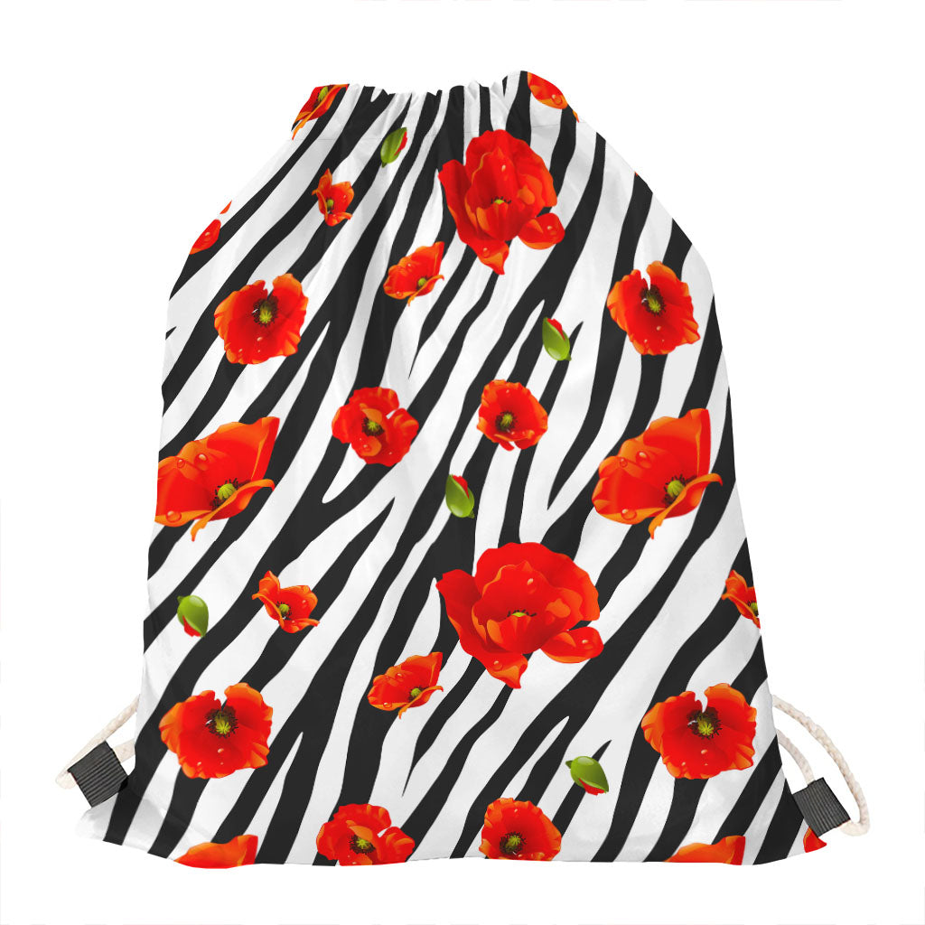 Black White Zebra Flower Pattern Print Drawstring Bag