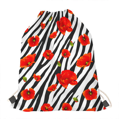Black White Zebra Flower Pattern Print Drawstring Bag
