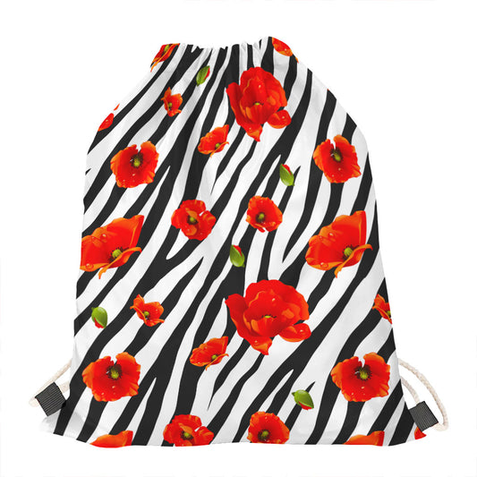 Black White Zebra Flower Pattern Print Drawstring Bag