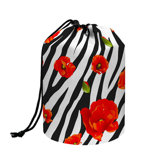 Black White Zebra Flower Pattern Print Drawstring Makeup Bag