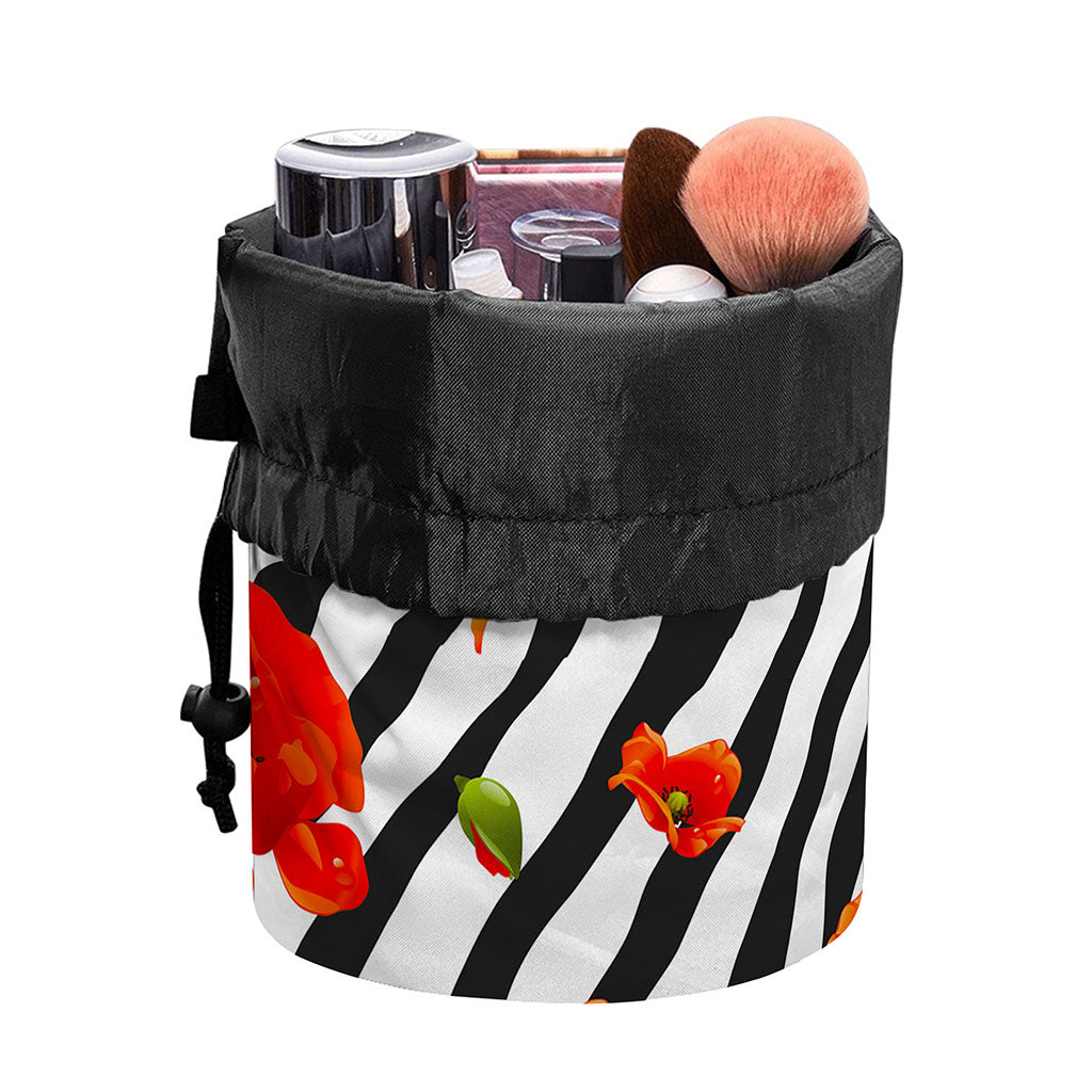 Black White Zebra Flower Pattern Print Drawstring Makeup Bag