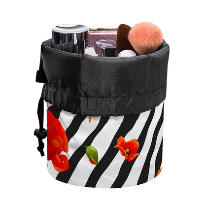 Black White Zebra Flower Pattern Print Drawstring Makeup Bag