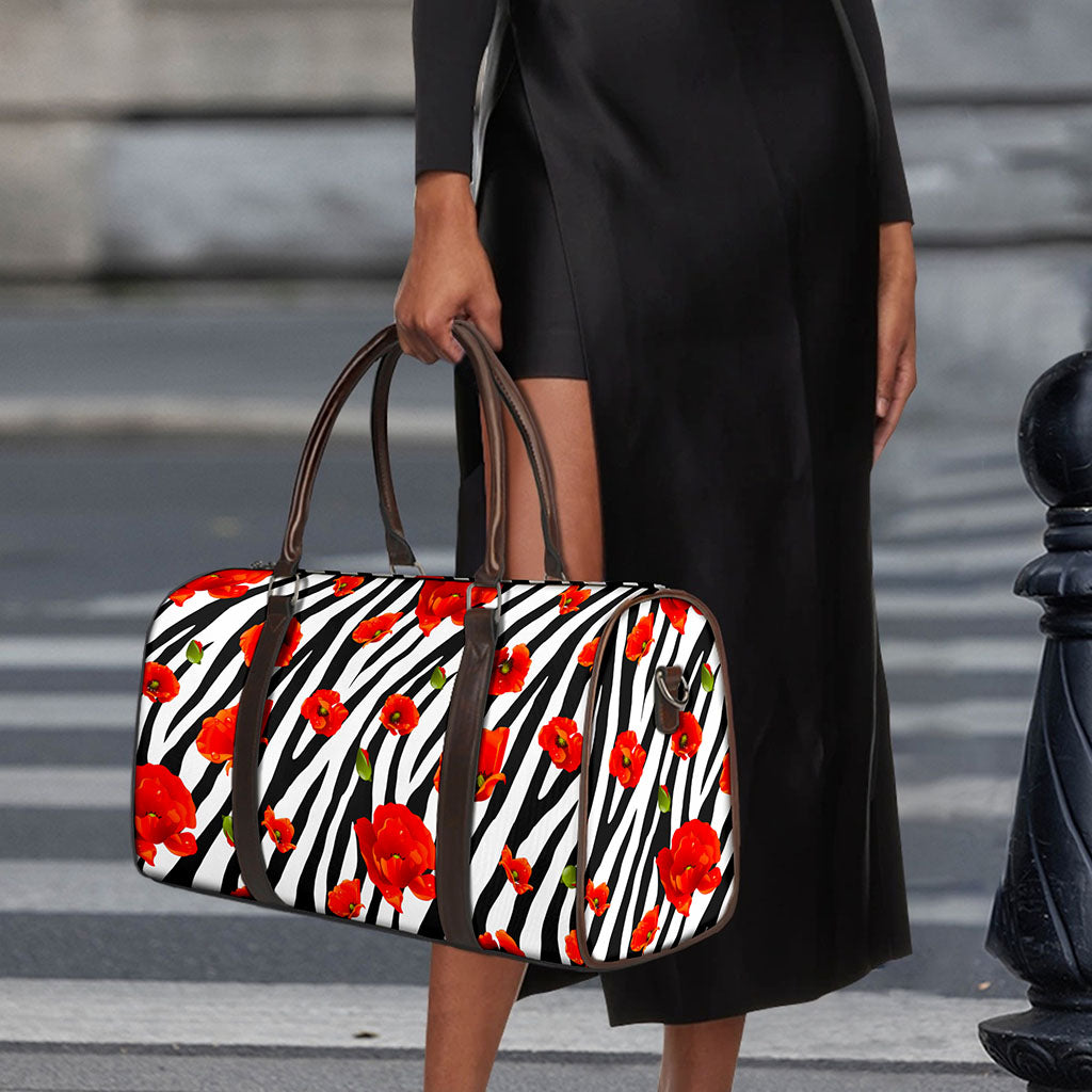Black White Zebra Flower Pattern Print Duffle Bag