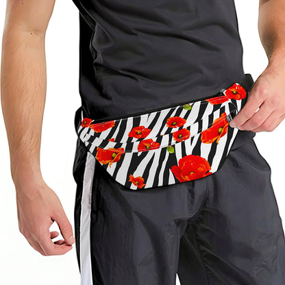 Black White Zebra Flower Pattern Print Fanny Pack
