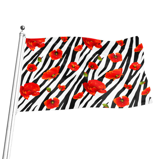 Black White Zebra Flower Pattern Print Flag
