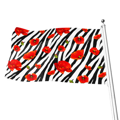 Black White Zebra Flower Pattern Print Flag
