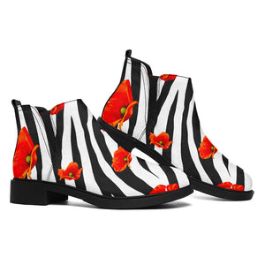 Black White Zebra Flower Pattern Print Flat Ankle Boots