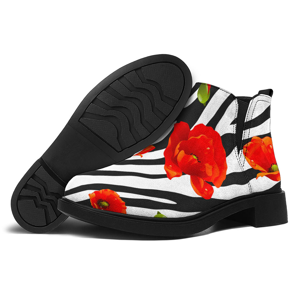 Black White Zebra Flower Pattern Print Flat Ankle Boots