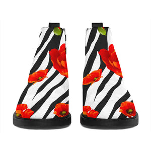 Black White Zebra Flower Pattern Print Flat Ankle Boots