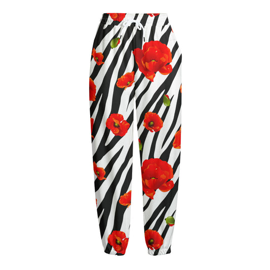 Black White Zebra Flower Pattern Print Fleece Lined Knit Pants